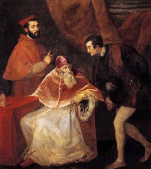 TIZIANO Vecellio Pope Paul III with his Nephews Alessandro and Ottavio Farnese